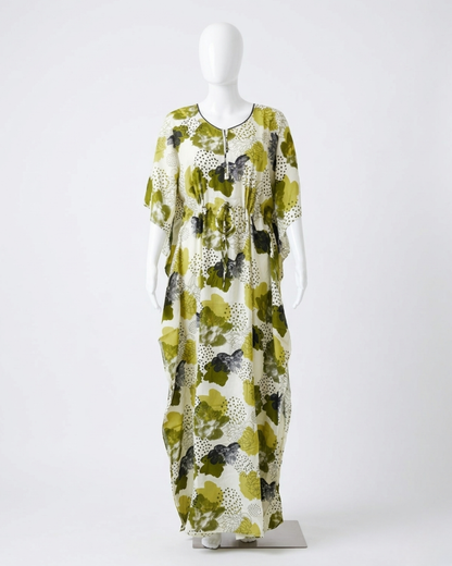 Women's Kaftan Nighty with Adjustable Waist Drawstring – Olive Green Abstract Floral Maxi Nightgown – Full Length Kaftan Gown