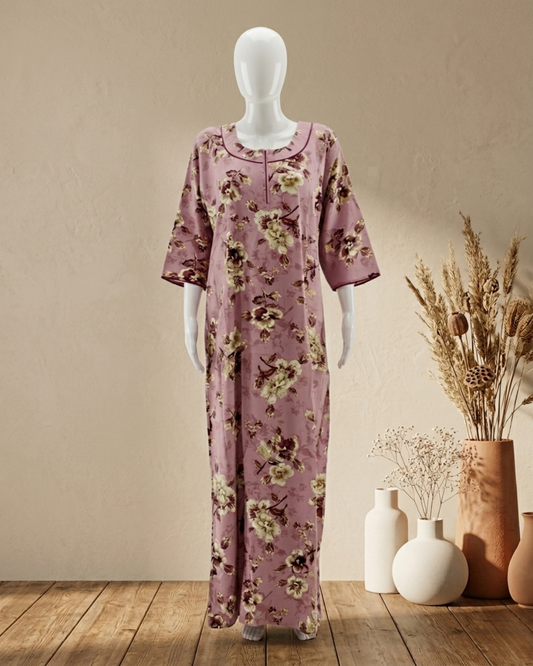 Premium Rayon Floral Sleepwear – Breathable Full-Length Nighty with Pocket
