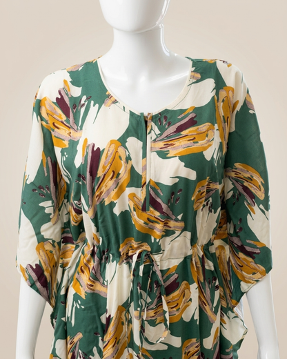 Women's Kaftan Nighty with Adjustable Waist Drawstring – Forest Green Abstract Floral Maxi Nightgown