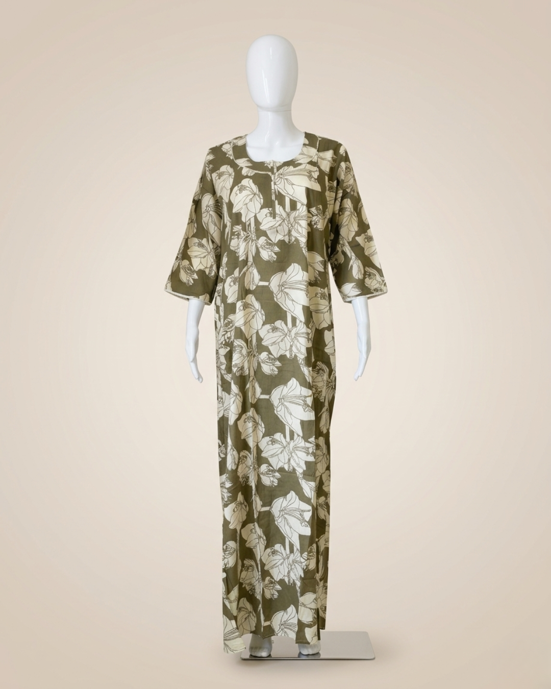 Olive Green Floral Lily Print Full Length Maxi Nighty Nightgown – Loose Fit Lounge Wear with 3/4 Sleeves
