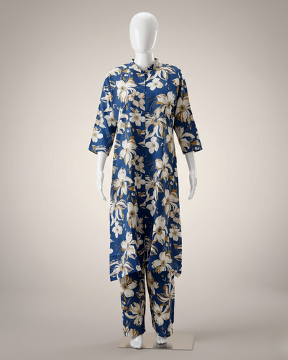 Women's Floral Print Co-Ord Set with Matching Trousers – Plum & White Longline Tunic with Pocket
