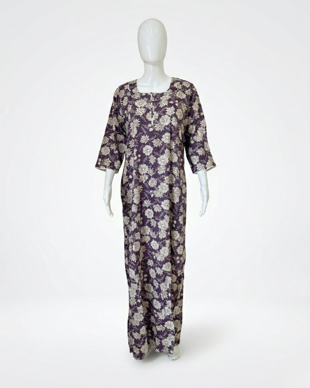 Full Length Purple Floral Print Maxi Nighty Nightgown – Loose Fit Sleepwear