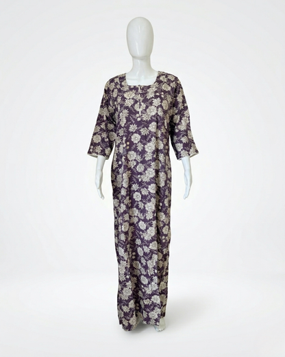 Full Length Purple Floral Print Maxi Nighty Nightgown – Loose Fit Sleepwear
