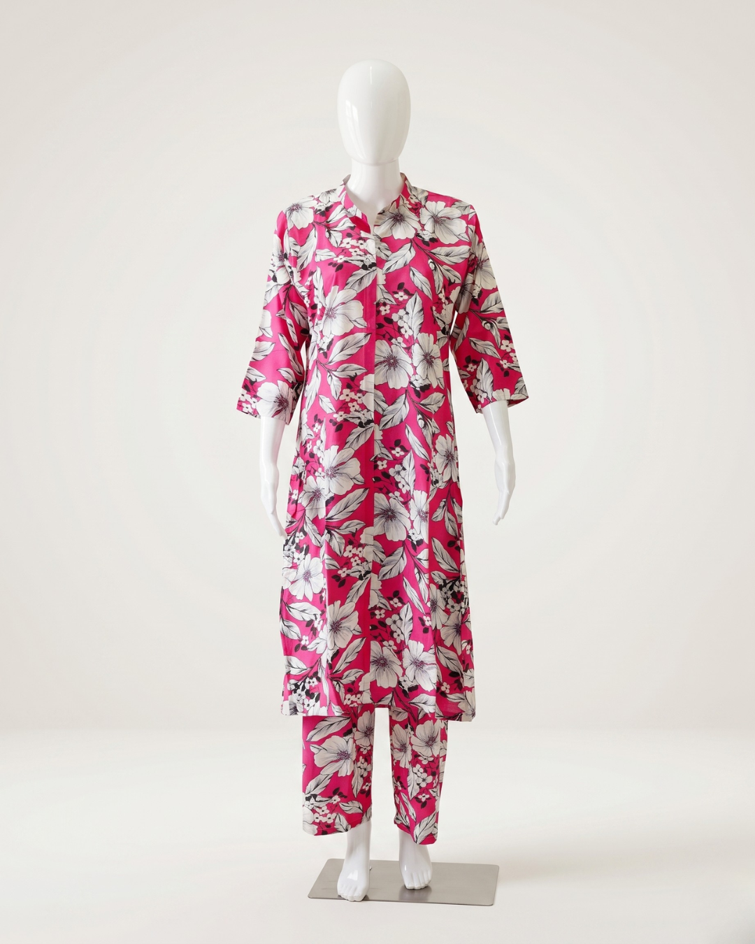 Women's Floral Print Co-Ord Set with Matching Trousers – Plum & White Longline Tunic with Pocket