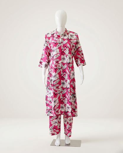 Women's Floral Print Co-Ord Set with Matching Trousers – Plum & White Longline Tunic with Pocket