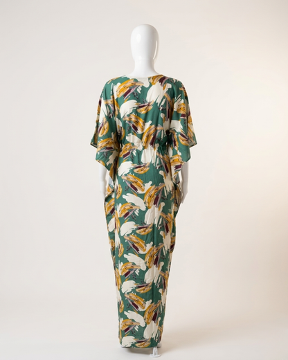 Women's Kaftan Nighty with Adjustable Waist Drawstring – Forest Green Abstract Floral Maxi Nightgown