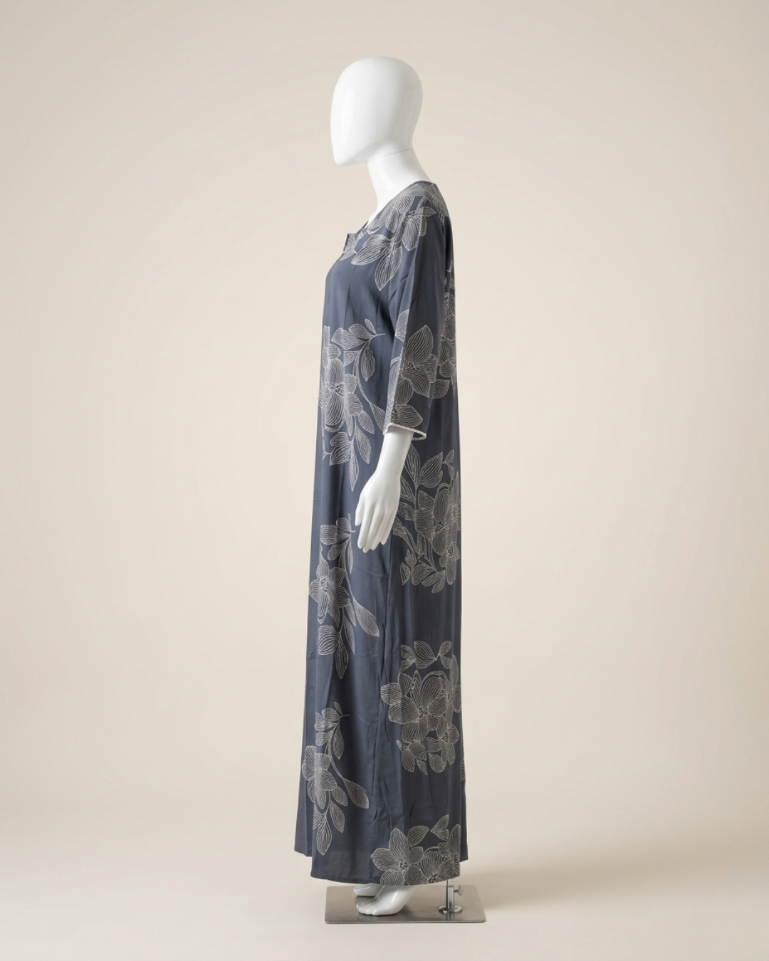 Women's Floral Outline Print Maxi Nighty with Front Zipper and 3/4 Sleeves
