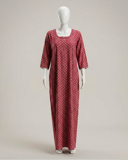 Women's Printed Nighty Maxi Dress – Long Sleeve Loungewear with Pockets