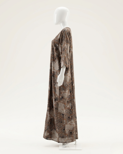 Brown Abstract Floral Print Full Length Maxi / Nighty Nightgown – Loose Fit Sleepwear with 3/4 Sleeves