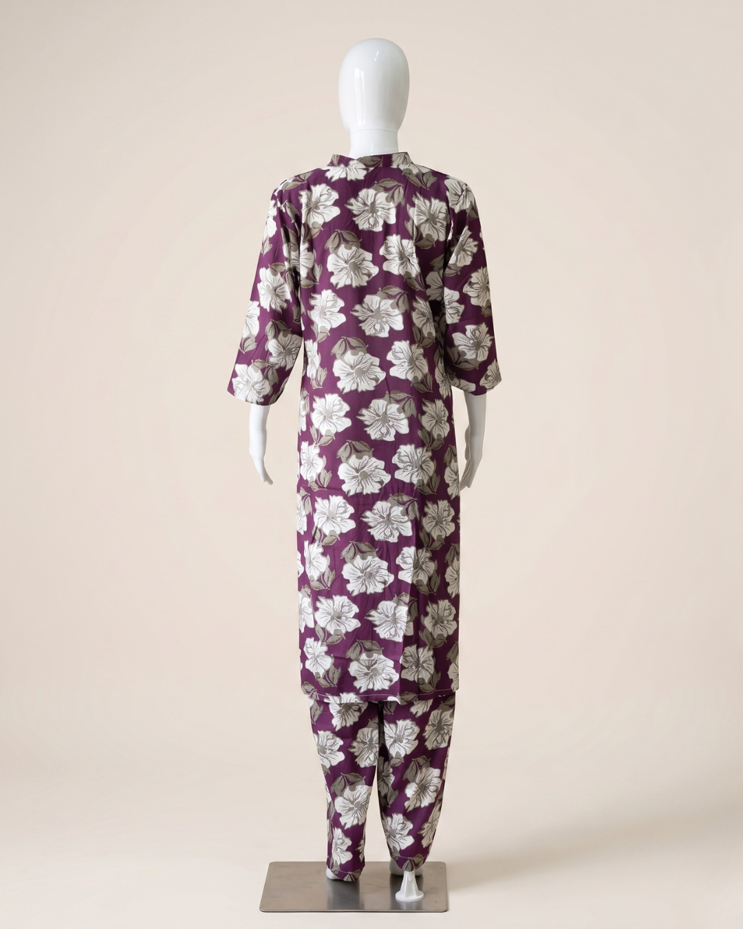 Women's Floral Print Co-Ord Set with Matching Trousers – Plum & White Longline Tunic with Pocket