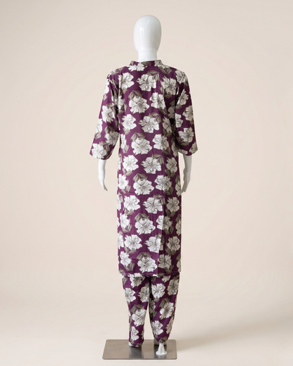 Women's Floral Print Co-Ord Set with Matching Trousers – Plum & White Longline Tunic with Pocket