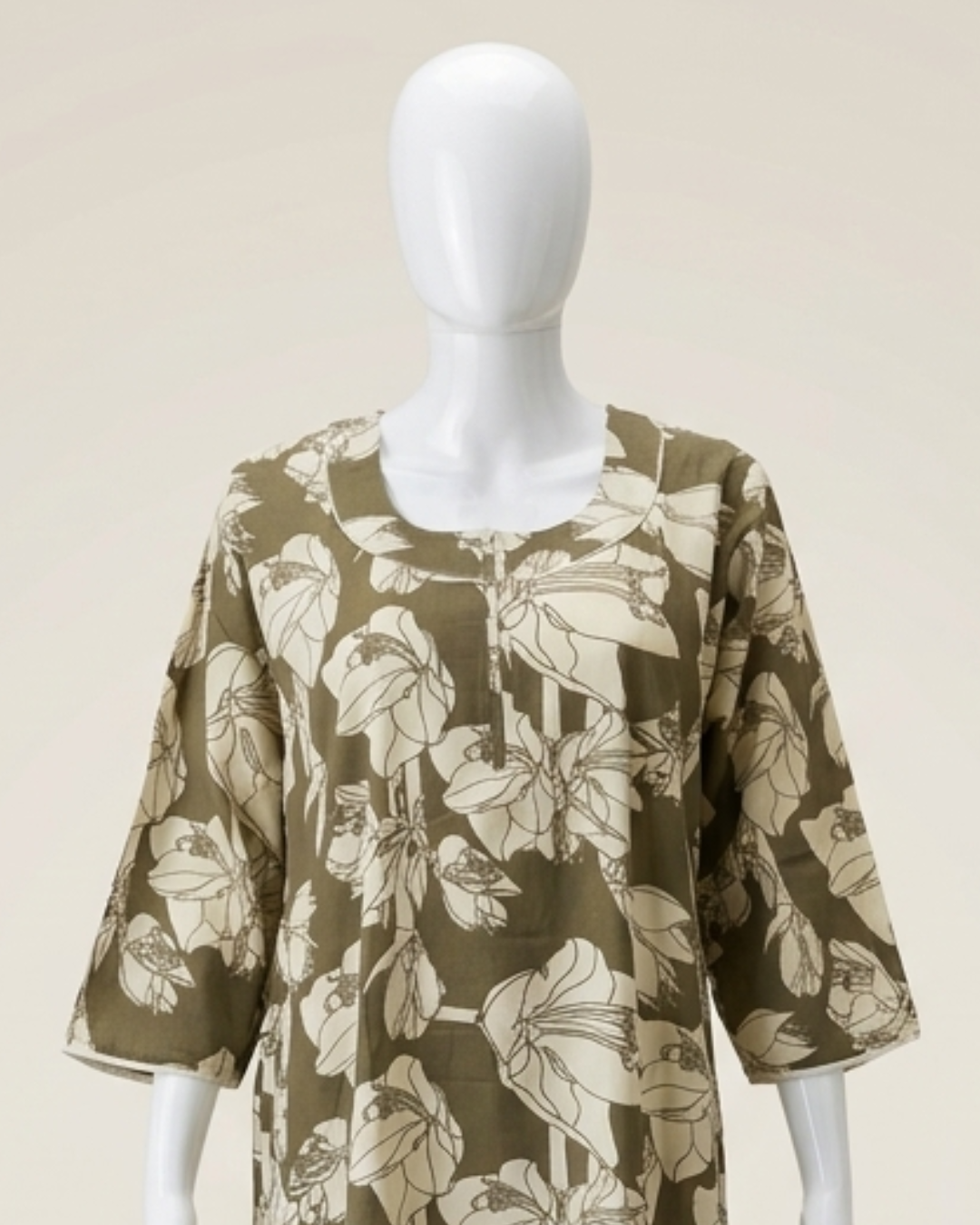 Olive Green Floral Lily Print Full Length Maxi Nighty Nightgown – Loose Fit Lounge Wear with 3/4 Sleeves