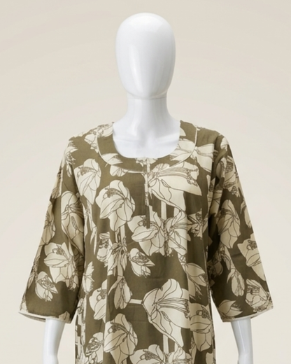 Olive Green Floral Lily Print Full Length Maxi Nighty Nightgown – Loose Fit Lounge Wear with 3/4 Sleeves