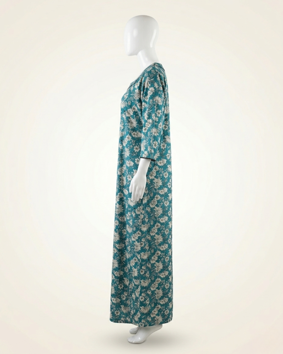 Full Length Teal Floral Print Maxi Nighty Nightgown with side Pocket – Loose Fit Sleepwear Housecoat