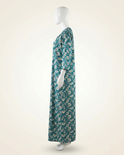Full Length Teal Floral Print Maxi Nighty Nightgown with side Pocket – Loose Fit Sleepwear Housecoat