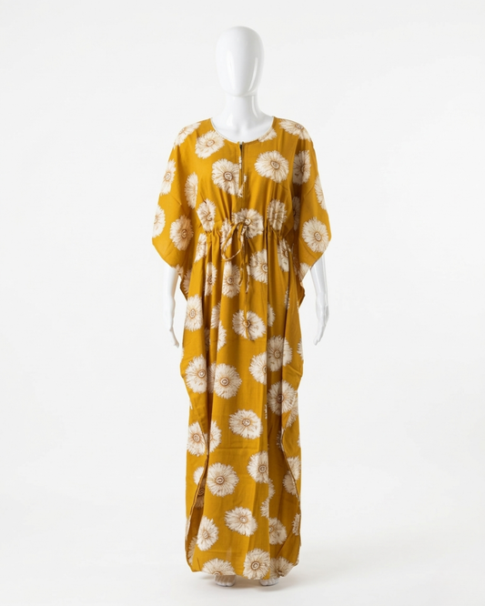 Floral Print Rayon Maxi Dress - Half Sleeve Casual Kaftan with Zip Closure