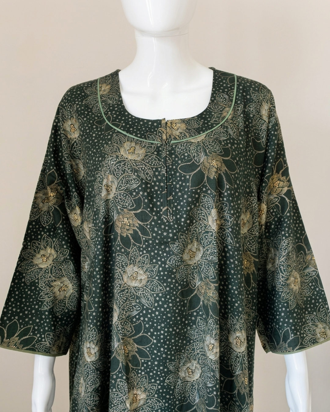 Full Length Dark Green Batik Print Maxi Nightgown with 3/4 Sleeves and Round Neck Women's Nighty