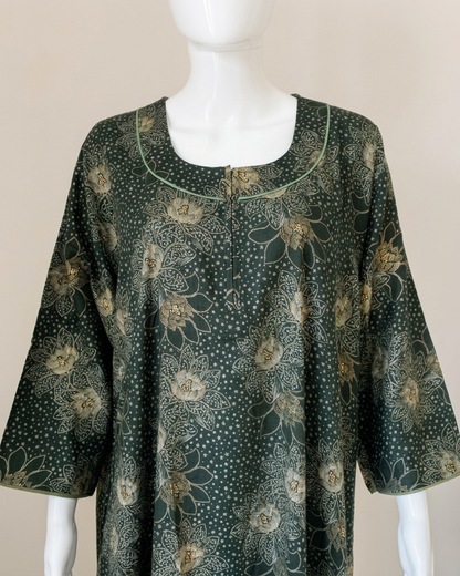Full Length Dark Green Batik Print Maxi Nightgown with 3/4 Sleeves and Round Neck Women's Nighty