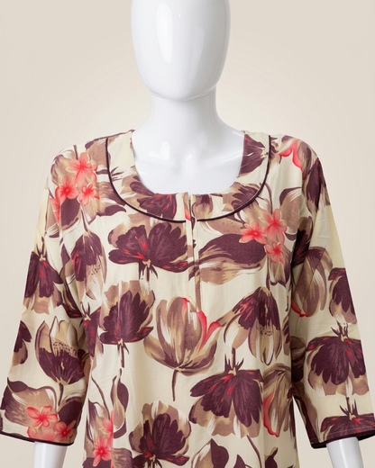 Women's Floral Nighty Maxi Dress – Painted Botanical Loungewear Gown – 3/4 Sleeve with Piped Neckline