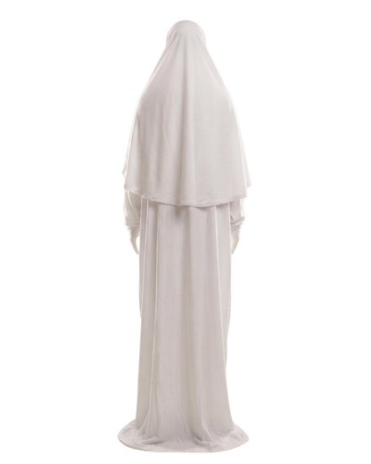 White Prayer Dress for Women – Full Coverage 2-Piece Salah Outfit with Hijab & Long Abaya