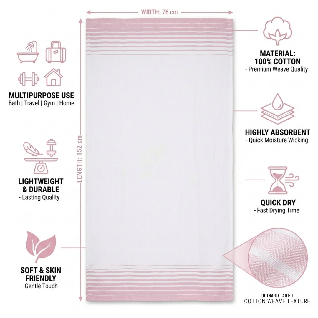 Zapi Home Premium Cotton Bath Towel 152x76 cm – 100% Pure Cotton Handloom Gamcha, Lightweight Thin Quick Dry Towel, Large Ultra Absorbent Travel Gym Beach Spa Towel for Men Women