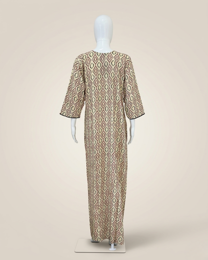 Full Length Beige Ikat Geometric Print Maxi Nighty Nightgown – Loose Fit Housecoat