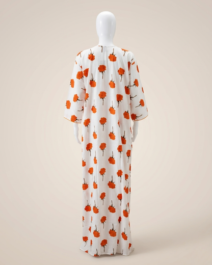 Full Length White & Orange Floral Print Maxi Nightgown – Loose Fit