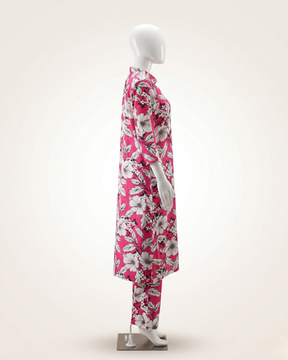 Women's Floral Print Co-Ord Set with Matching Trousers – Plum & White Longline Tunic with Pocket