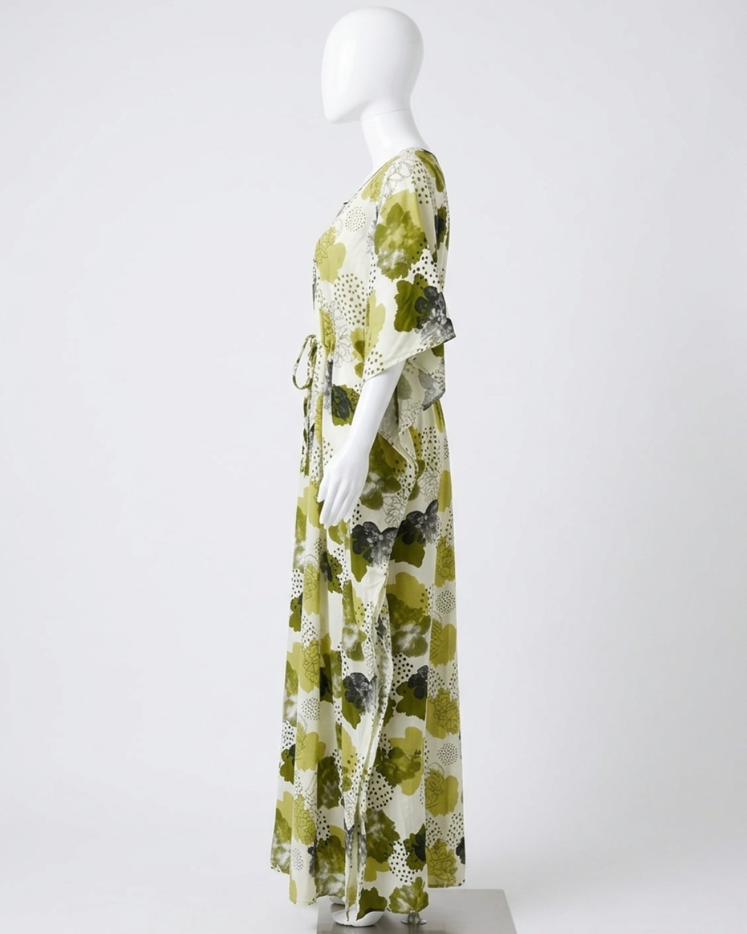 Women's Kaftan Nighty with Adjustable Waist Drawstring – Olive Green Abstract Floral Maxi Nightgown – Full Length Kaftan Gown