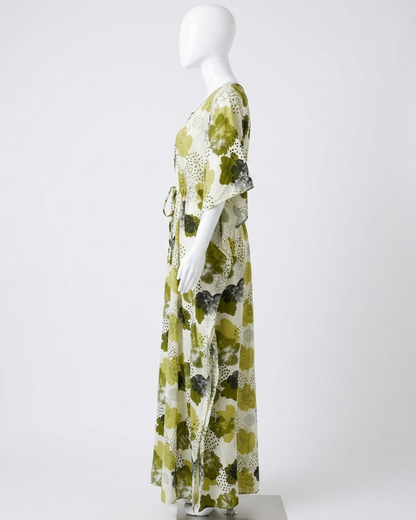Women's Kaftan Nighty with Adjustable Waist Drawstring – Olive Green Abstract Floral Maxi Nightgown – Full Length Kaftan Gown