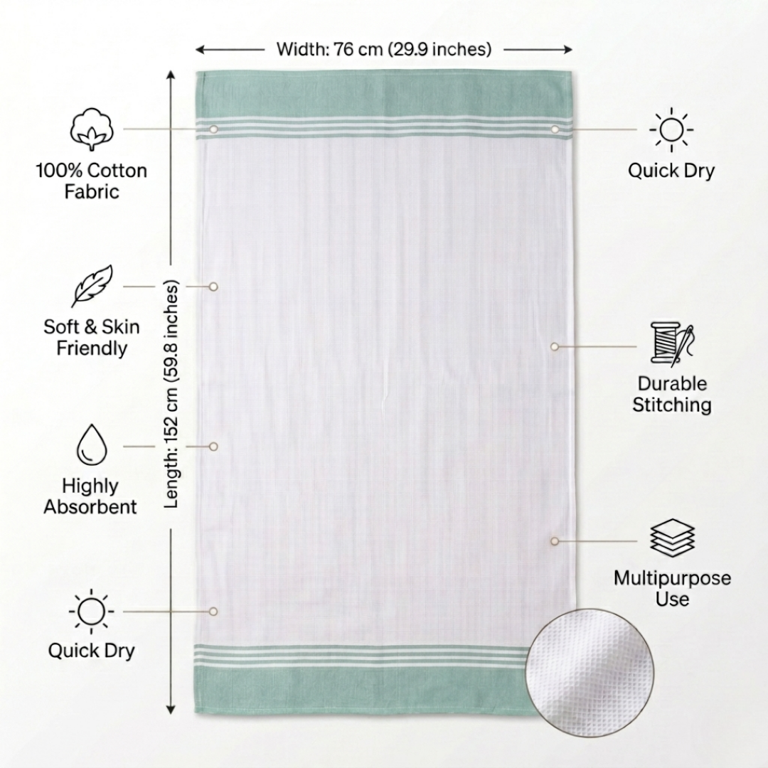 Zapi Home Cotton Towel 152x76 cm — 100% Pure Cotton Handloom Towel, Lightweight Quick‑Dry Travel & Spa Towel, Large Absorbent Bath Towel