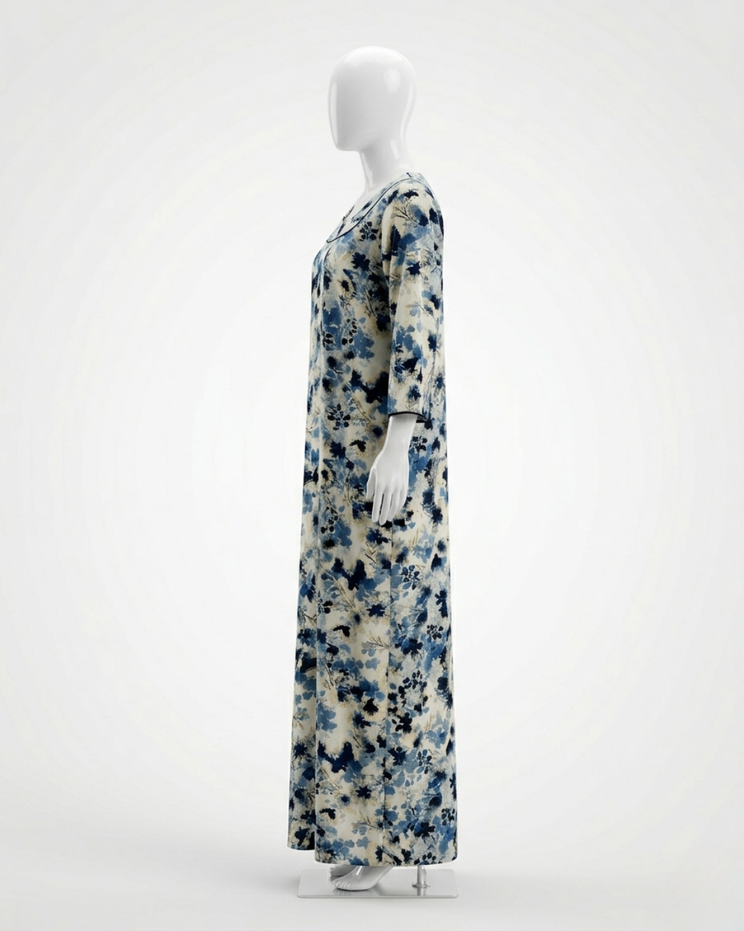 Floral Print A-Line Maxi Night Dress with Scoop Neck and 3/4 Sleeves