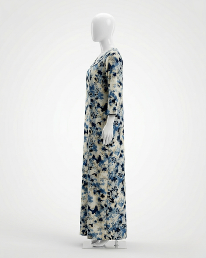 Floral Print A-Line Maxi Night Dress with Scoop Neck and 3/4 Sleeves