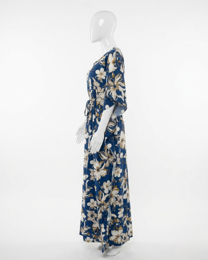 Floral Symphony Kaftan Maxi Dress with Adjustable Waist Tie