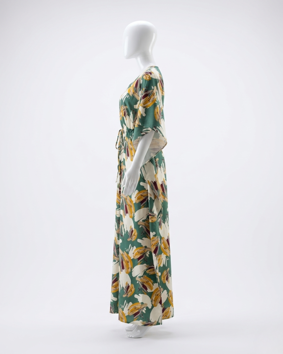 Women's Kaftan Nighty with Adjustable Waist Drawstring – Forest Green Abstract Floral Maxi Nightgown