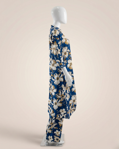 Women's Floral Print Co-Ord Set with Matching Trousers – Plum & White Longline Tunic with Pocket