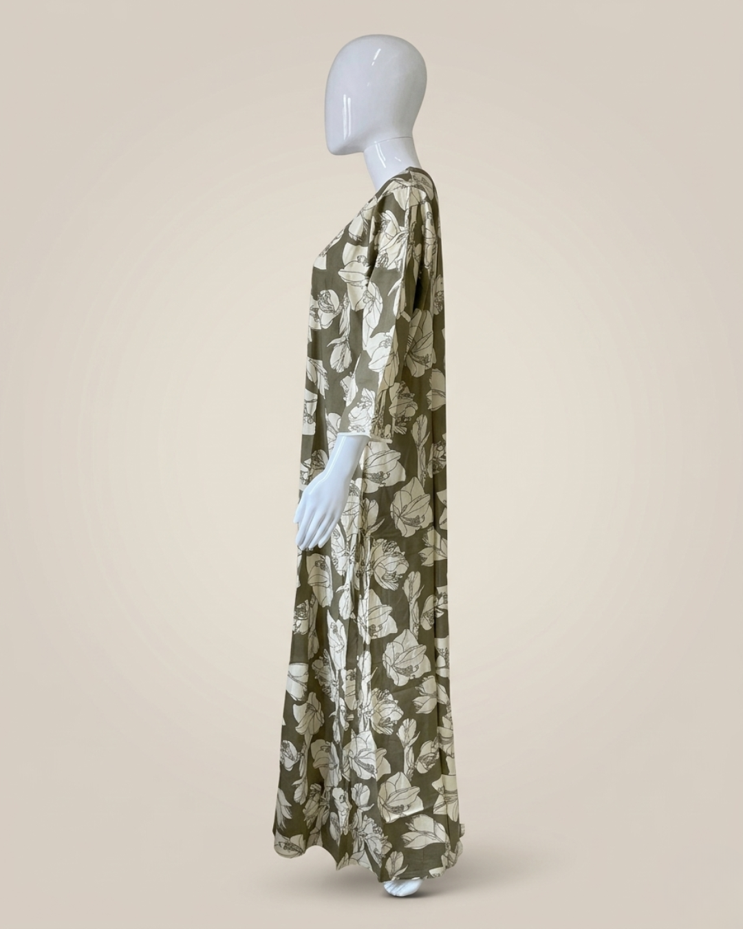 Olive Green Floral Lily Print Full Length Maxi Nighty Nightgown – Loose Fit Lounge Wear with 3/4 Sleeves