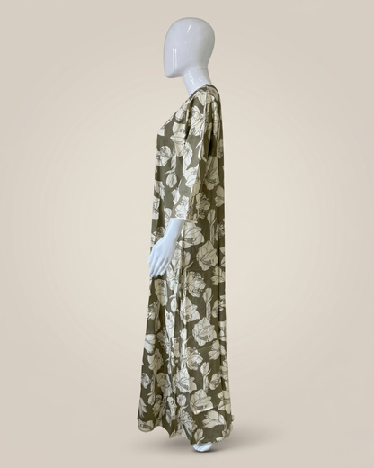 Olive Green Floral Lily Print Full Length Maxi Nighty Nightgown – Loose Fit Lounge Wear with 3/4 Sleeves