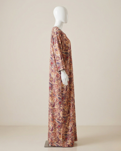 Women's Paisley Print Maxi Nighty Dress with Side Pockets and 3/4 Sleeves