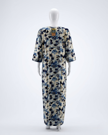 Floral Print A-Line Maxi Night Dress with Scoop Neck and 3/4 Sleeves