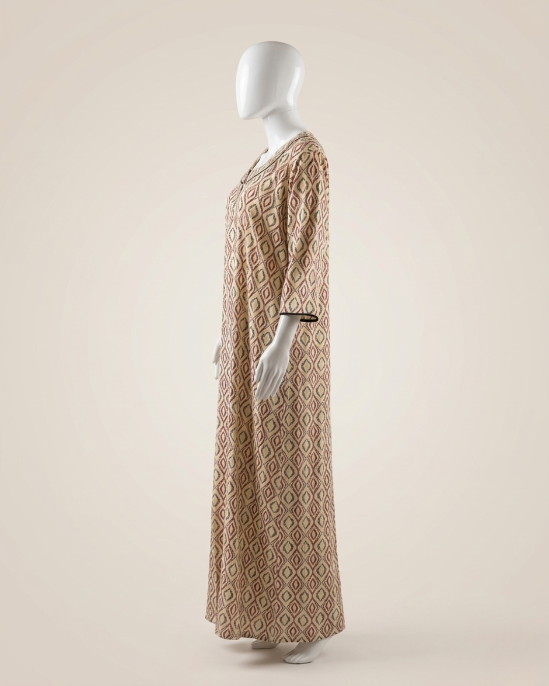 Full Length Beige Ikat Geometric Print Maxi Nighty Nightgown – Loose Fit Housecoat