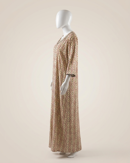 Full Length Beige Ikat Geometric Print Maxi Nighty Nightgown – Loose Fit Housecoat