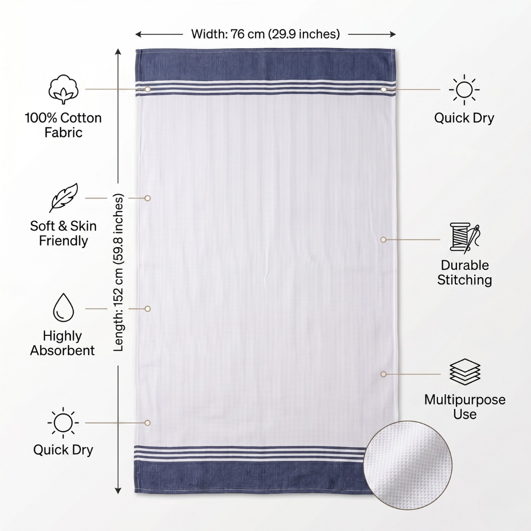 Zapi Home Premium Cotton Towel — 152 x 76 cm, 100% Pure Cotton, Lightweight Quick‑Dry Large Towel, Traditional Kerala Thorthu, Travel & Spa-Ready