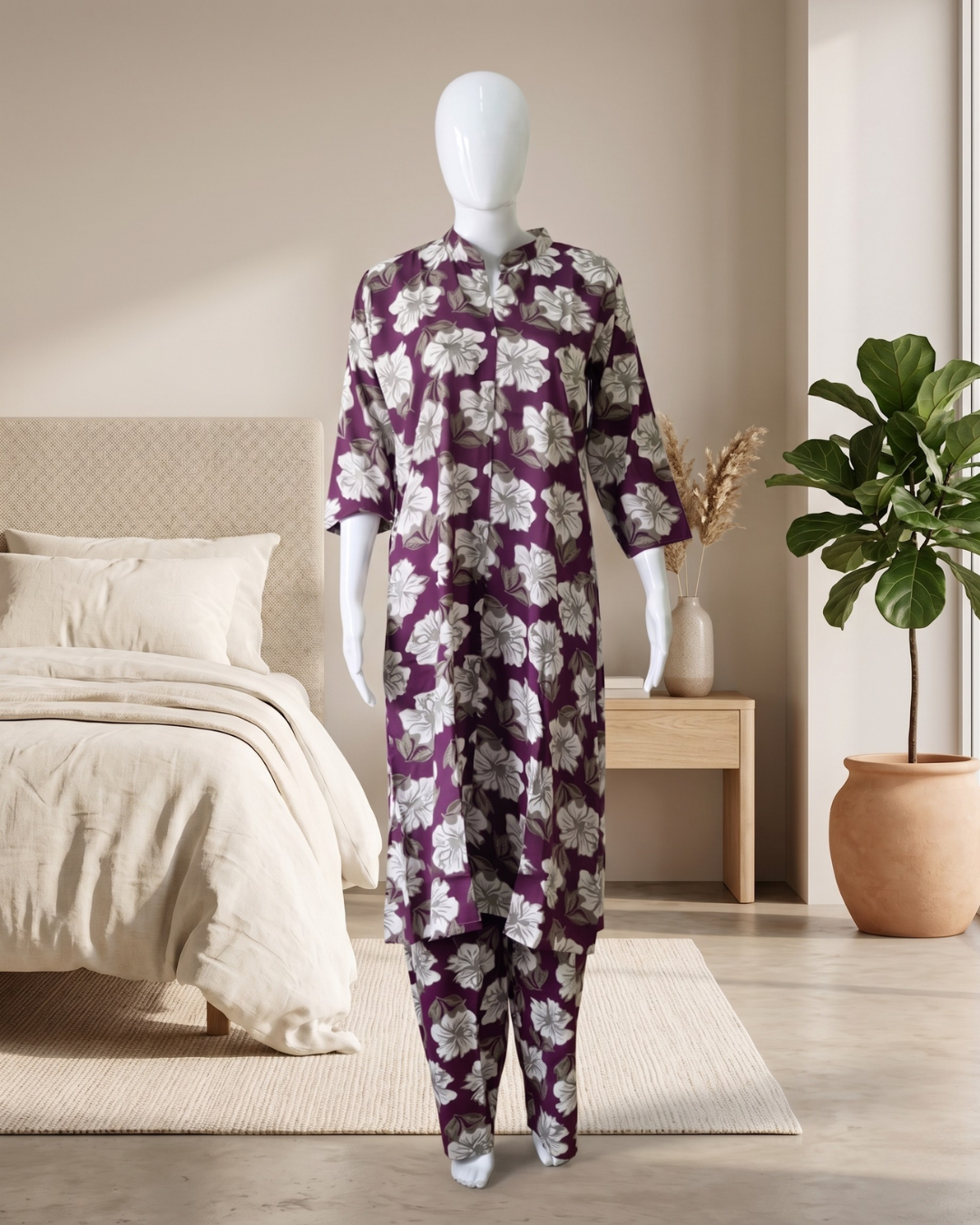 Women's Floral Print Co-Ord Set with Matching Trousers – Plum & White Longline Tunic with Pocket