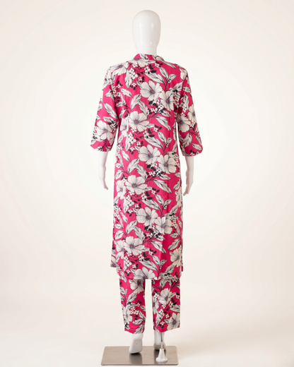 Women's Floral Print Co-Ord Set with Matching Trousers – Plum & White Longline Tunic with Pocket