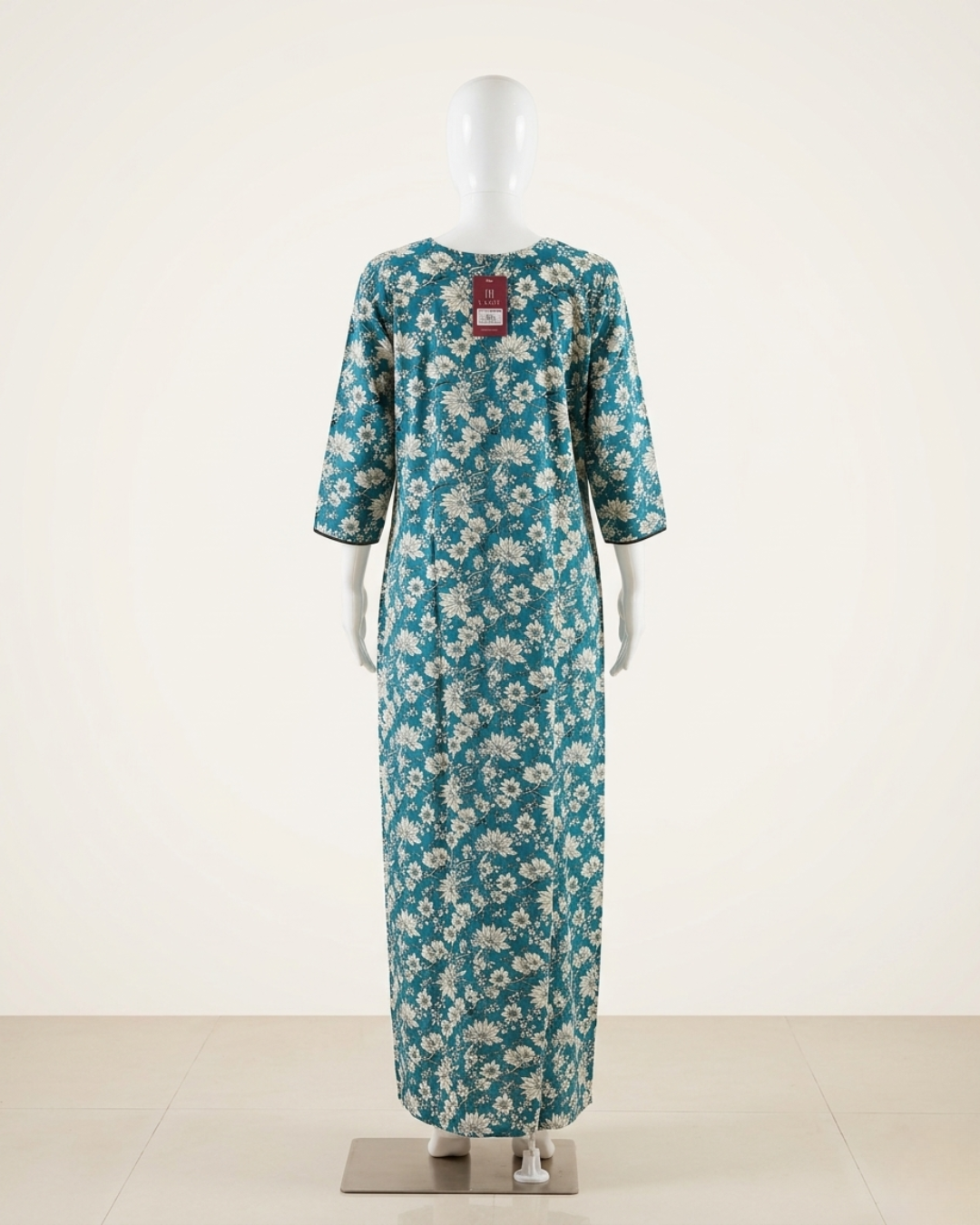 Full Length Teal Floral Print Maxi Nighty Nightgown with side Pocket – Loose Fit Sleepwear Housecoat