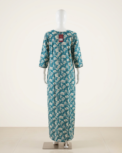 Full Length Teal Floral Print Maxi Nighty Nightgown with side Pocket – Loose Fit Sleepwear Housecoat