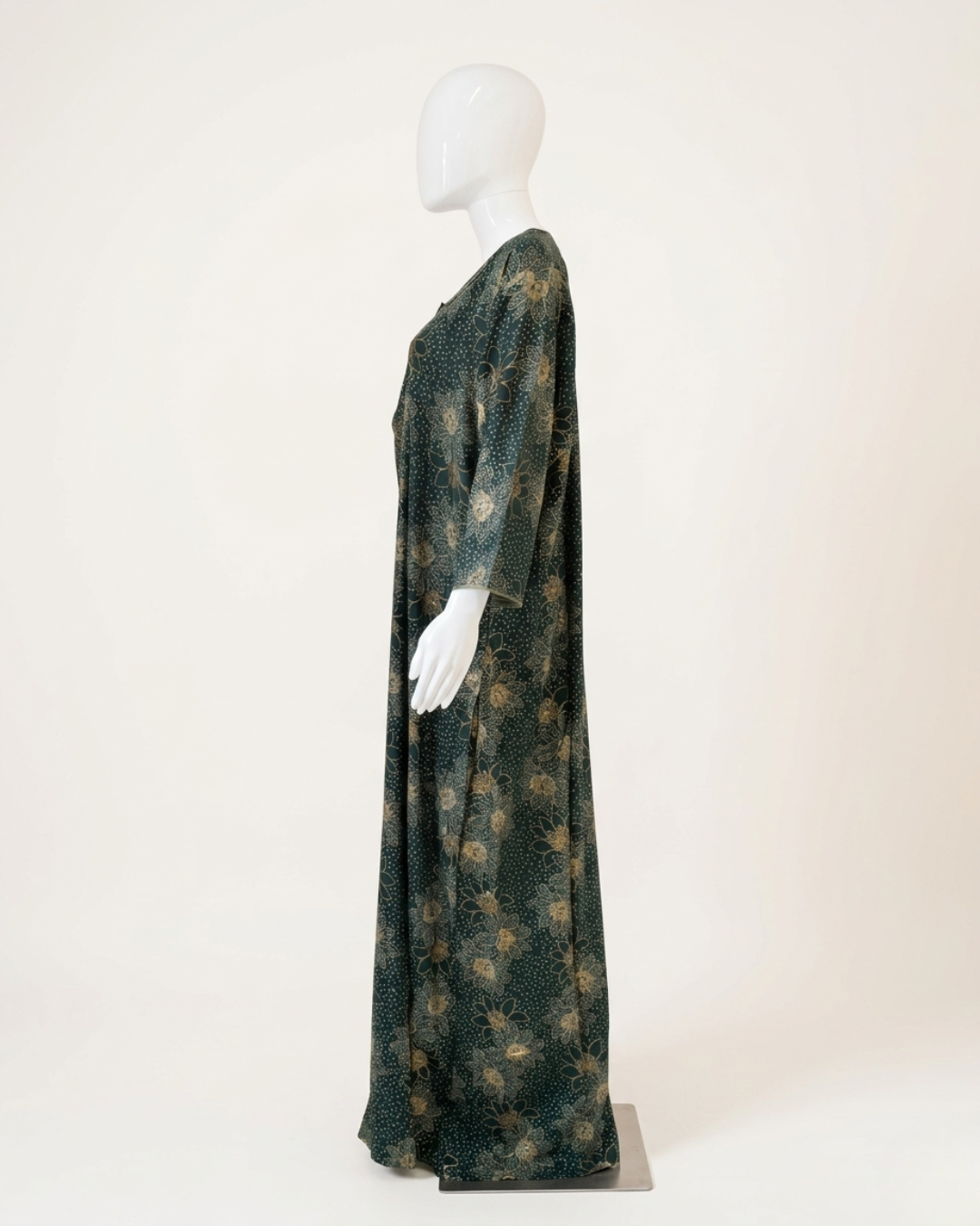 Full Length Dark Green Batik Print Maxi Nightgown with 3/4 Sleeves and Round Neck Women's Nighty