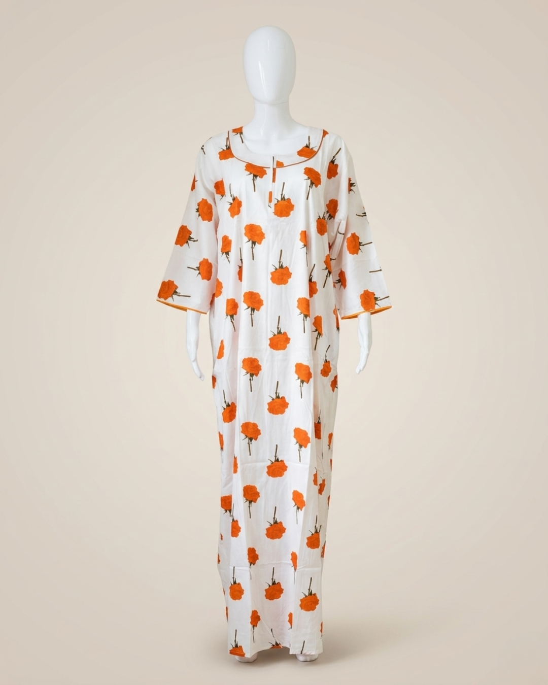 Full Length White & Orange Floral Print Maxi Nightgown – Loose Fit