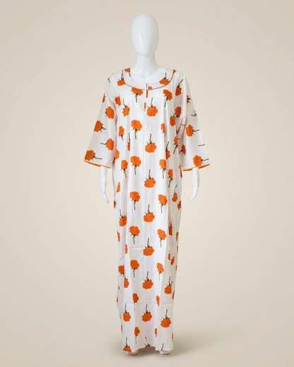 Full Length White & Orange Floral Print Maxi Nightgown – Loose Fit